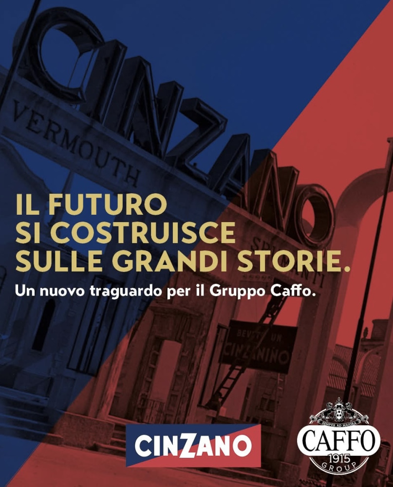 Grafica promozionale sull’intesa tra Caffo e Cinzano con lo slogan sul futuro e sulle grandi storie